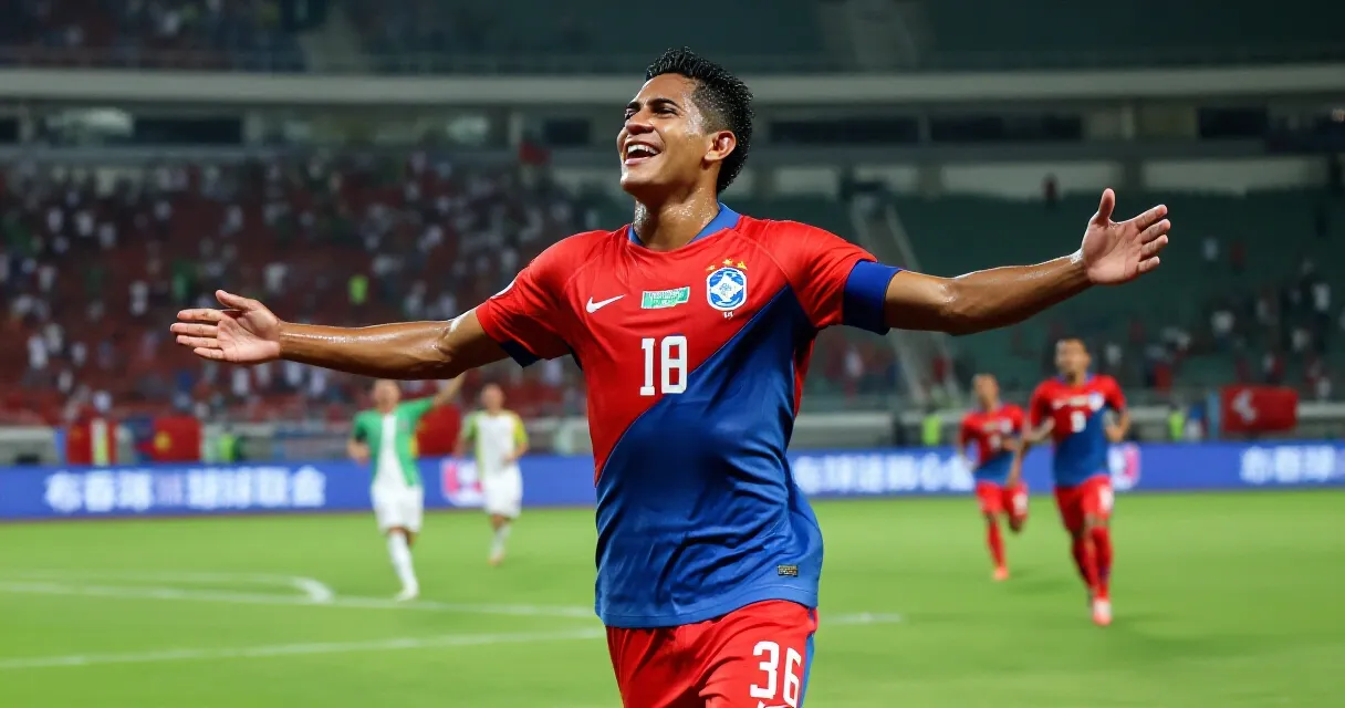 Vietnamese national team striker celebrating a goal at night match in Southeast Asia