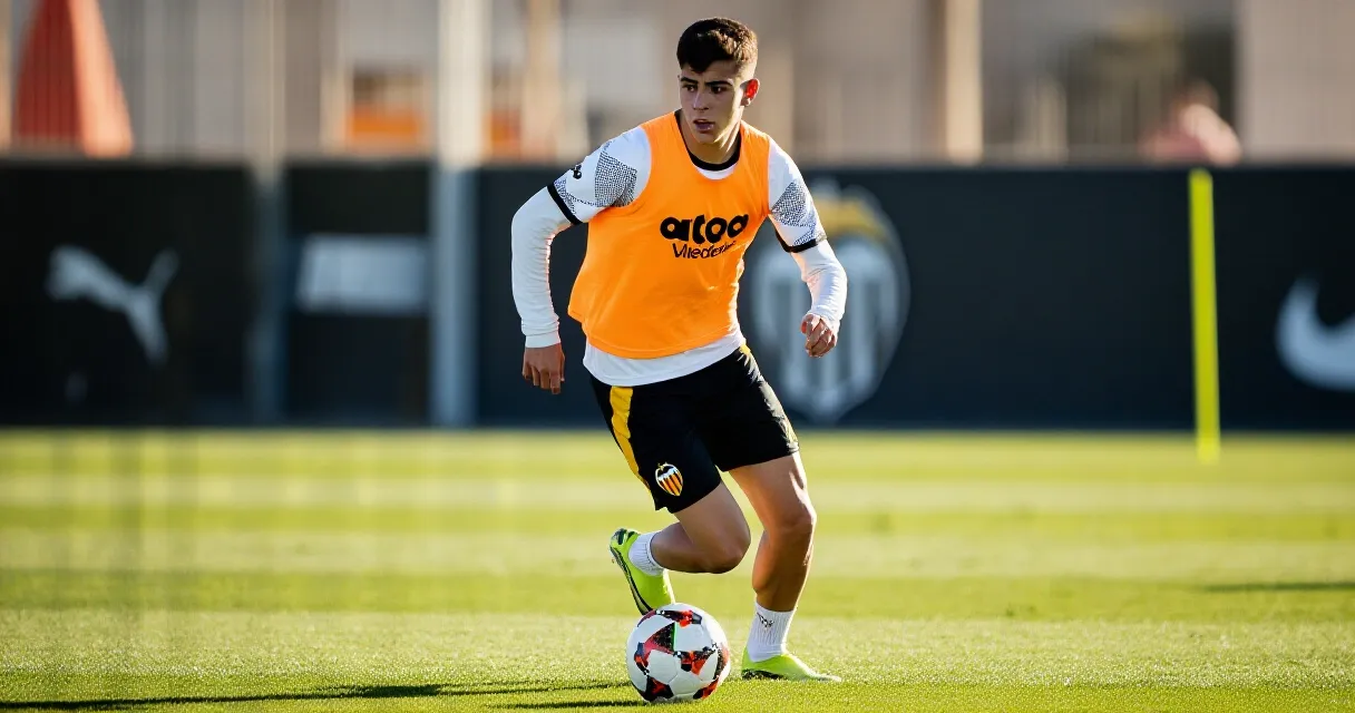 Centrocampista del Valencia CF entrena en el estadio de Mestalla, agosto 2026