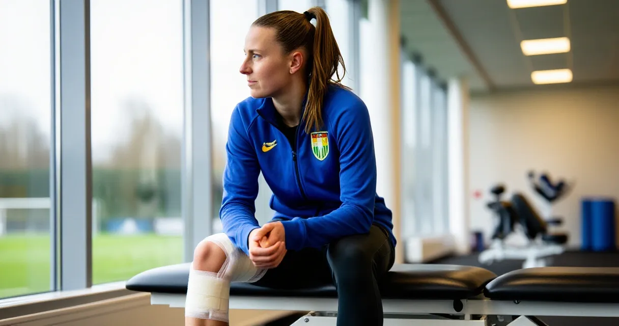 Kvinnlig fotbollsspelare med kn&auml;skada i behandlingsrum, naturligt ljus