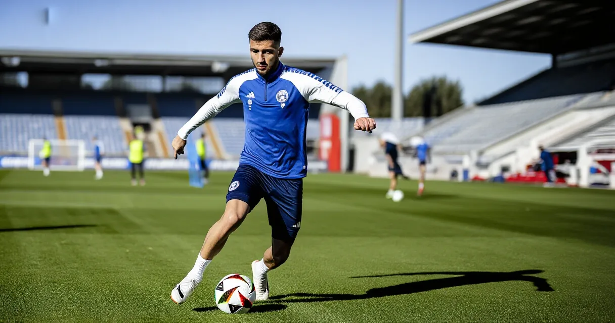 Swedish footballer training on green pitch with stadium in background