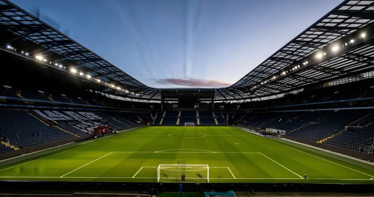 Estadio de fútbol iluminado con aficionados celebrando una victoria en LaLiga