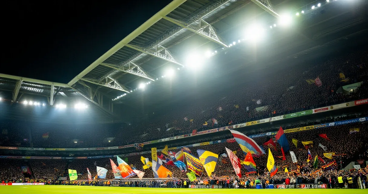 Profesyonel futbol sahası altın ışıkta, çim ve kramponlar ön planda