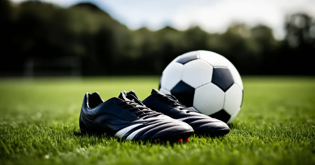 Football boots and ball on green grass in memory of a fallen footballer