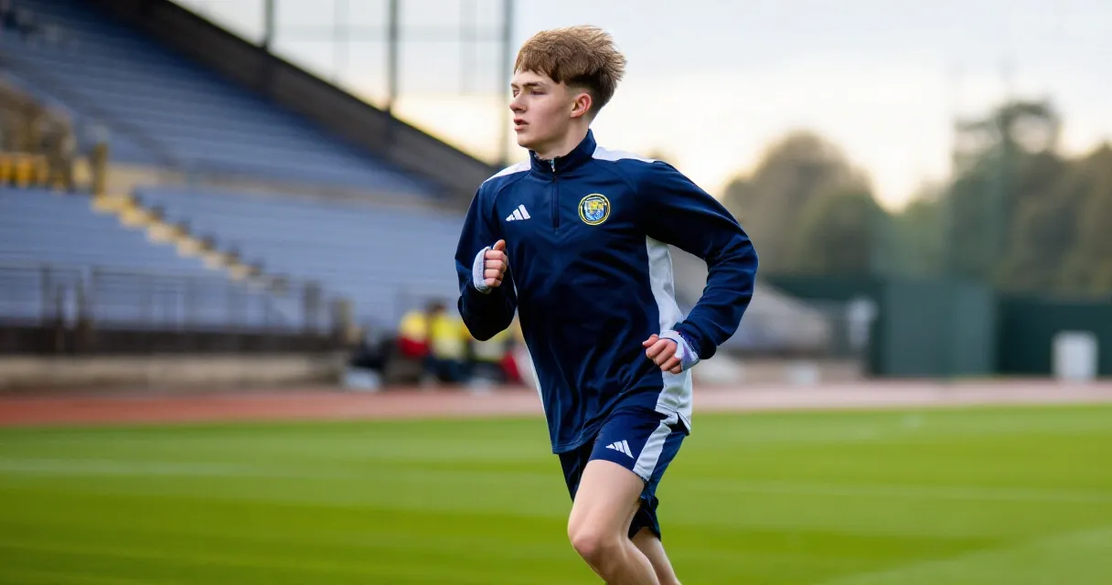 Young English defender training at a professional football club, August 2026