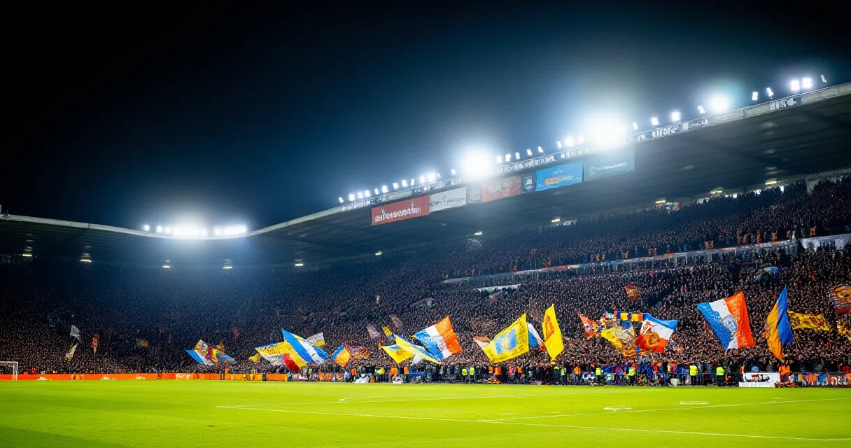 Gabriel Martinelli in action on a floodlit football pitch with packed stadium crowd