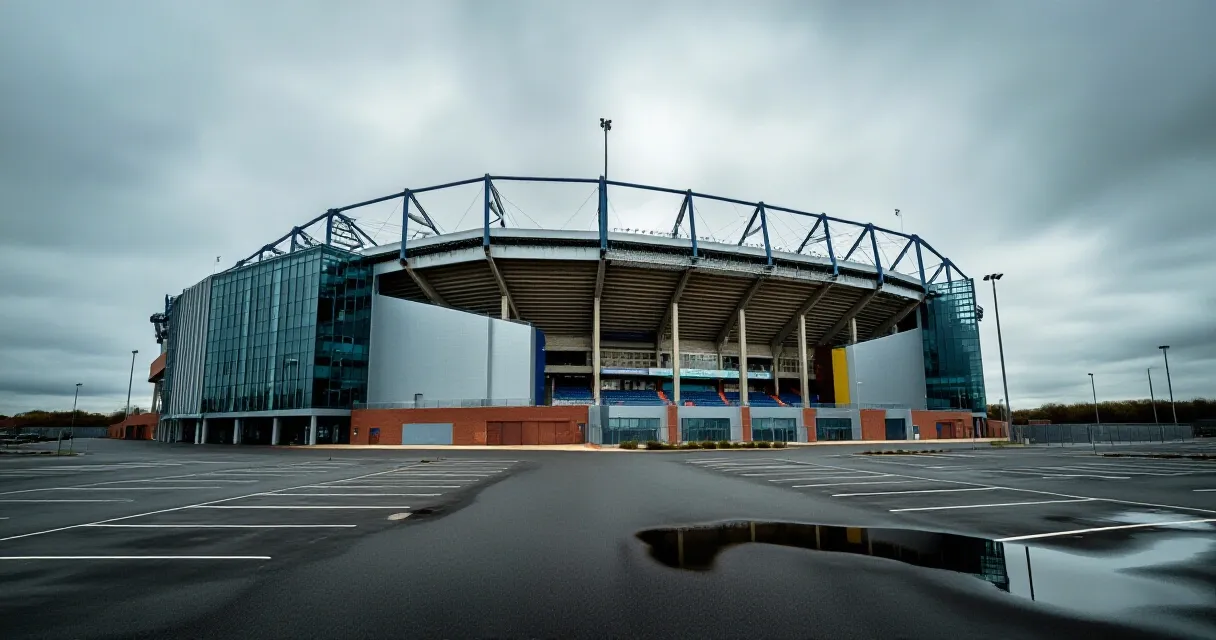 Empty football stadium exterior on an overcast day, reflecting in a puddle on the ground