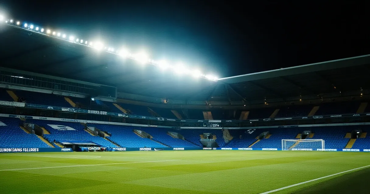 Footballer walking off pitch under stadium floodlights in red and white kit