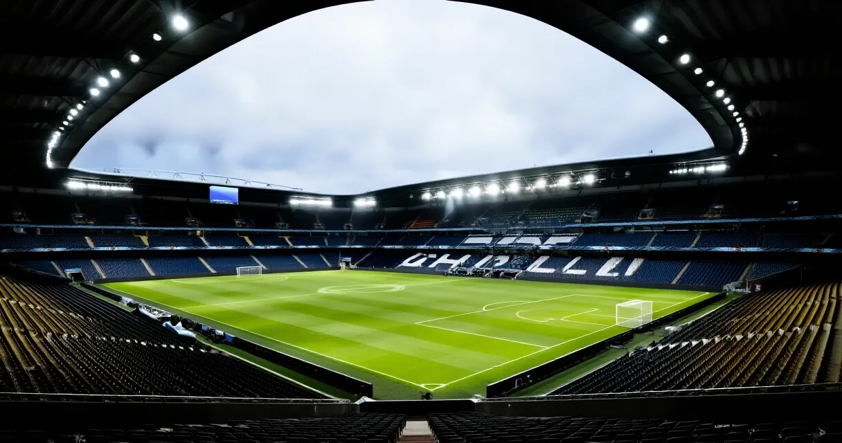 Football player training on professional stadium pitch at sunset