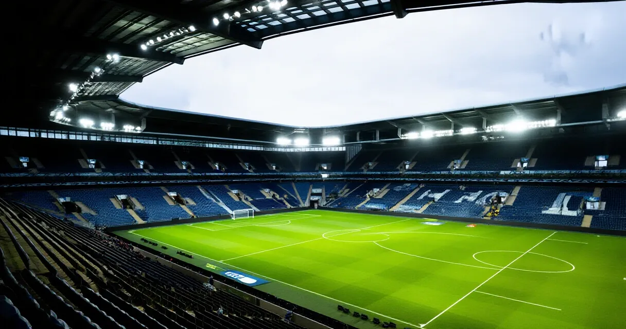Football manager alone on touchline at empty stadium, reflecting on the season