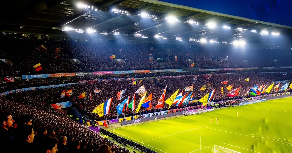 Estádio de futebol lotado à noite com torcida nas arquibancadas
