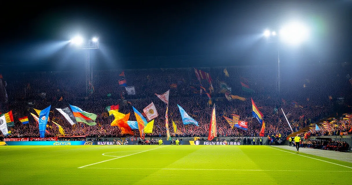 Stade de football vide au coucher du soleil, pelouse impeccable sous la lumière dorée