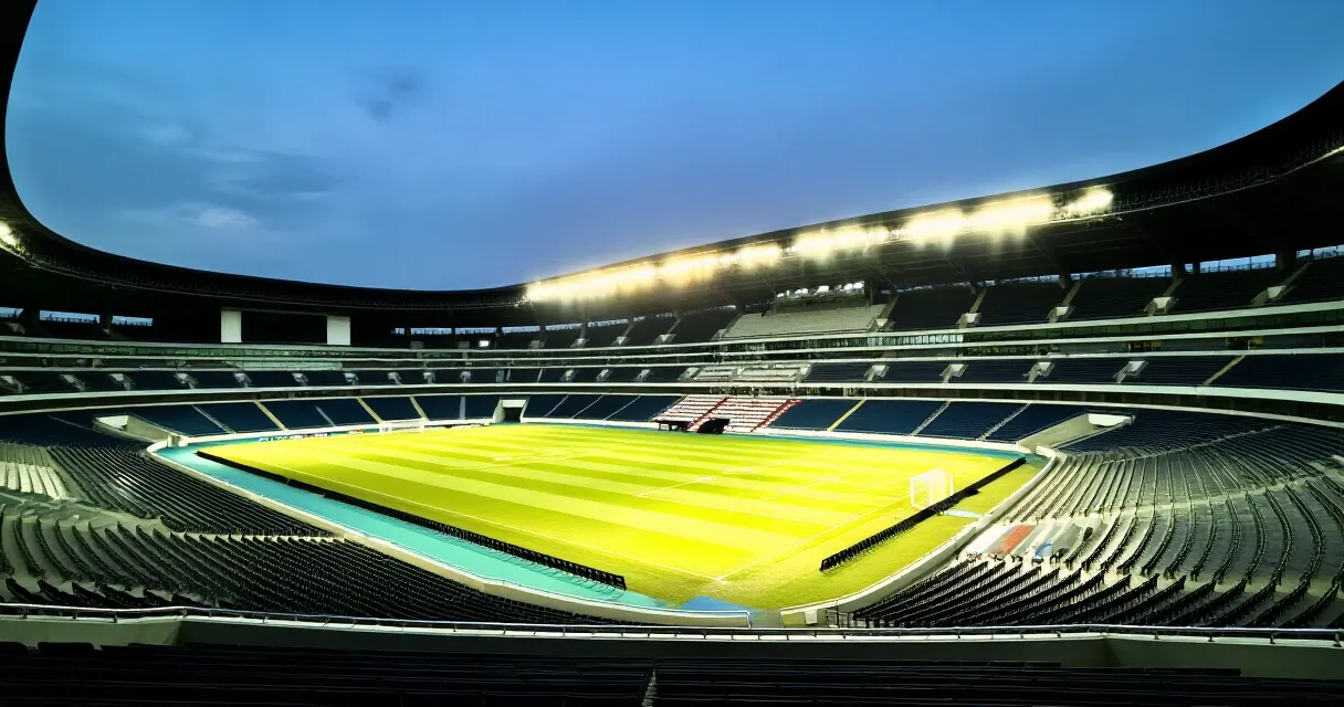 Empty South Korean football stadium under floodlights at dusk