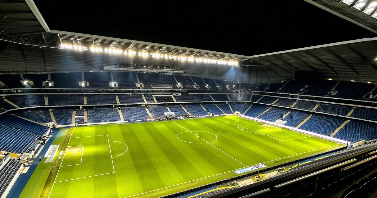 Pelatih sepak bola memberikan instruksi taktis di tepi lapangan stadion besar