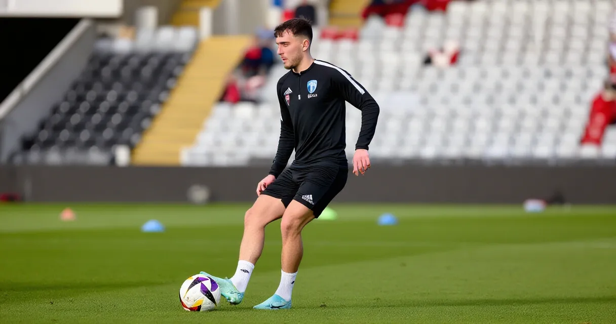 Football player training on pitch with stadium in background