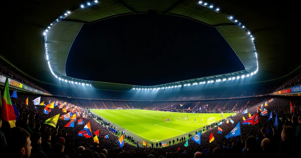 Nicolas Jackson celebrating in Aston Villa colours at a packed stadium under floodlights