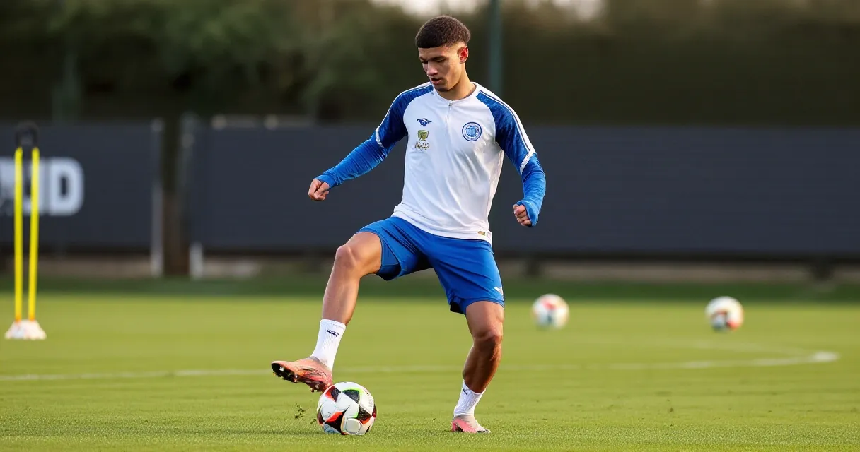 Footballer in training, practising ball control on a grass pitch
