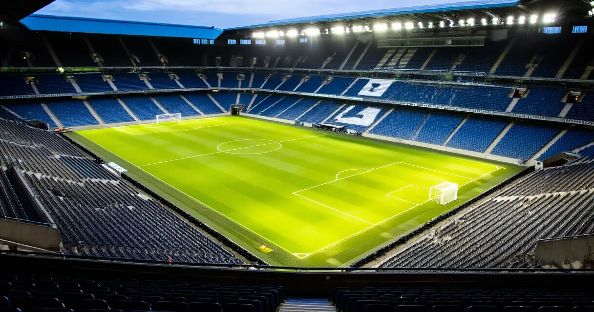 Football stadium at night with fans and players warming up before a major cup match