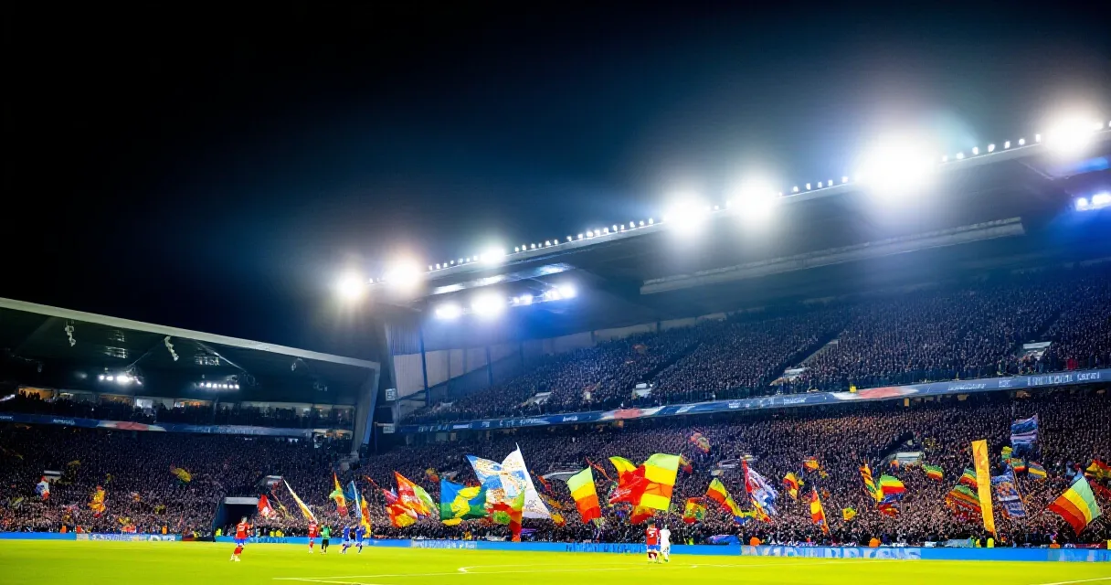 Footballer in Premier League action with packed stadium in background