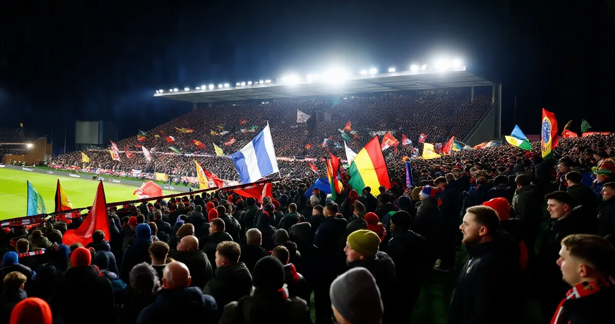 Floodlit Premier League stadium packed with fans during a night match