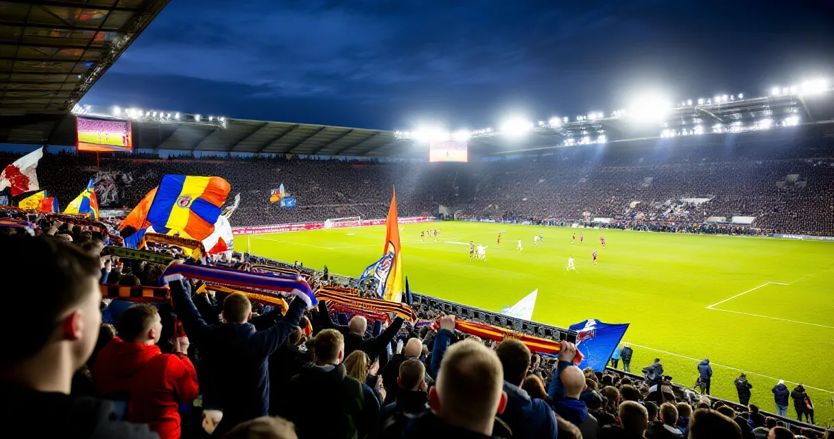 Mykhailo Mudryk sprinting with the ball under floodlights in a packed stadium