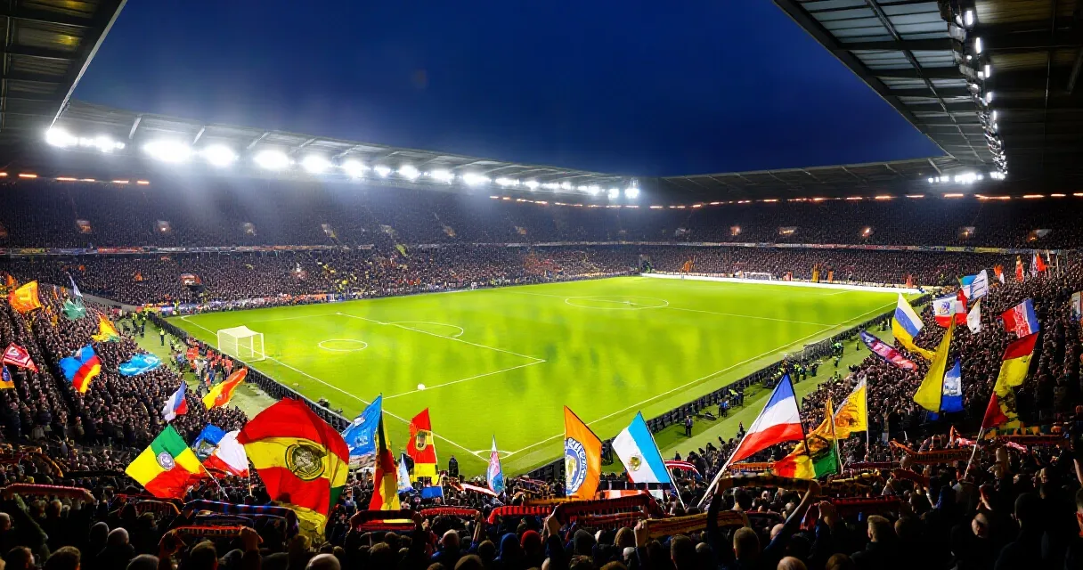 Fullsatt fotbollsarena med jublande publik under kv&auml;llsmatch i Premier League
