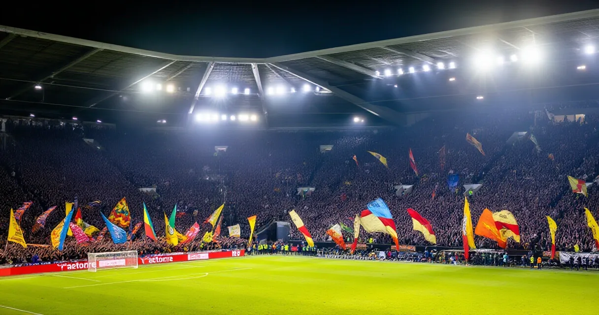 Center-back defender heading the ball clear during a night match under stadium floodlights