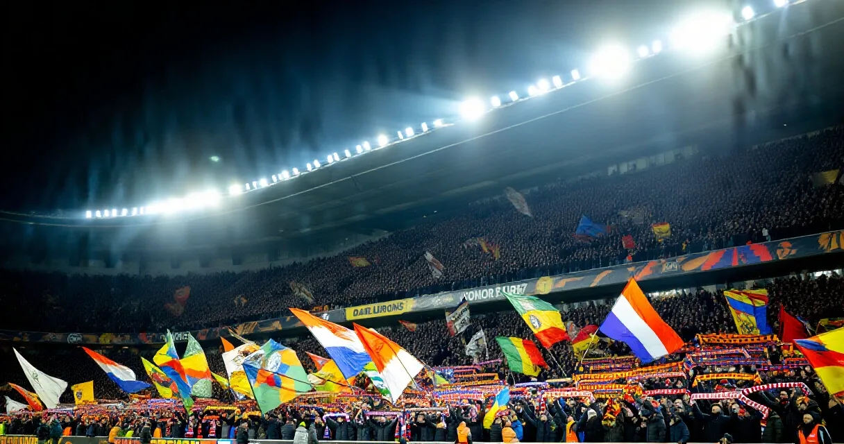 Mujer joven fotografiando el partido desde la grada de un estadio iluminado de noche