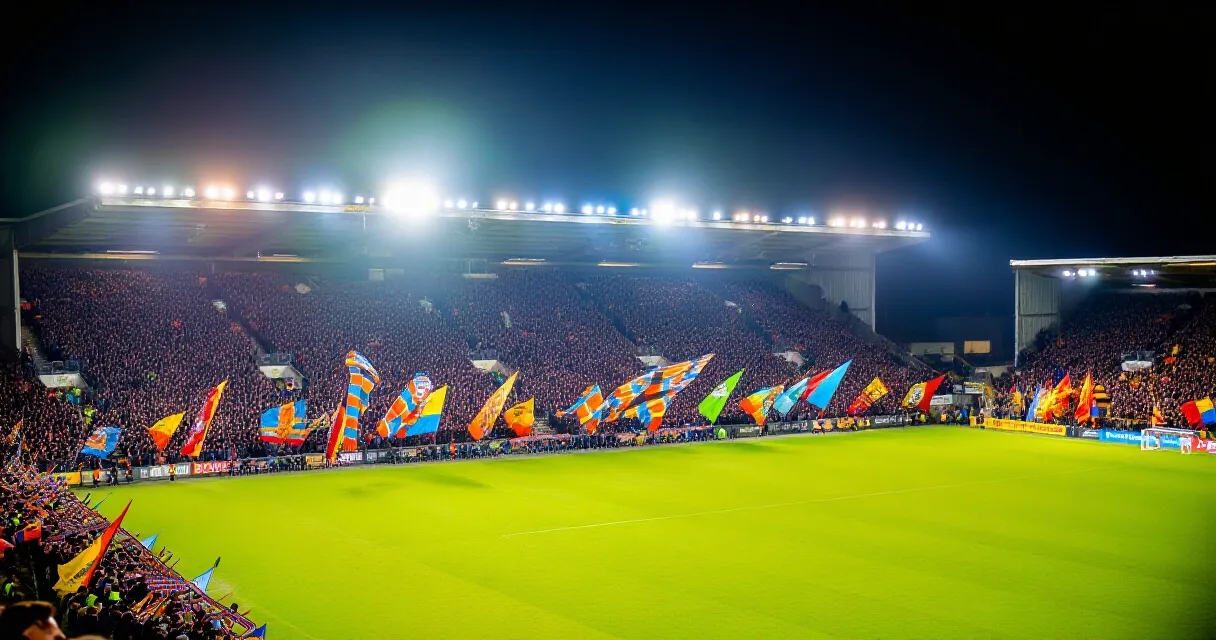 Japanese footballer sprinting on a floodlit pitch with packed stadium stands