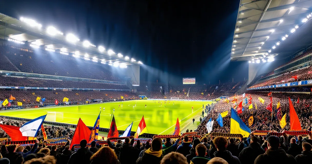 Allenatore di calcio a bordocampo in uno stadio di Serie A illuminato con tifosi sugli spalti
