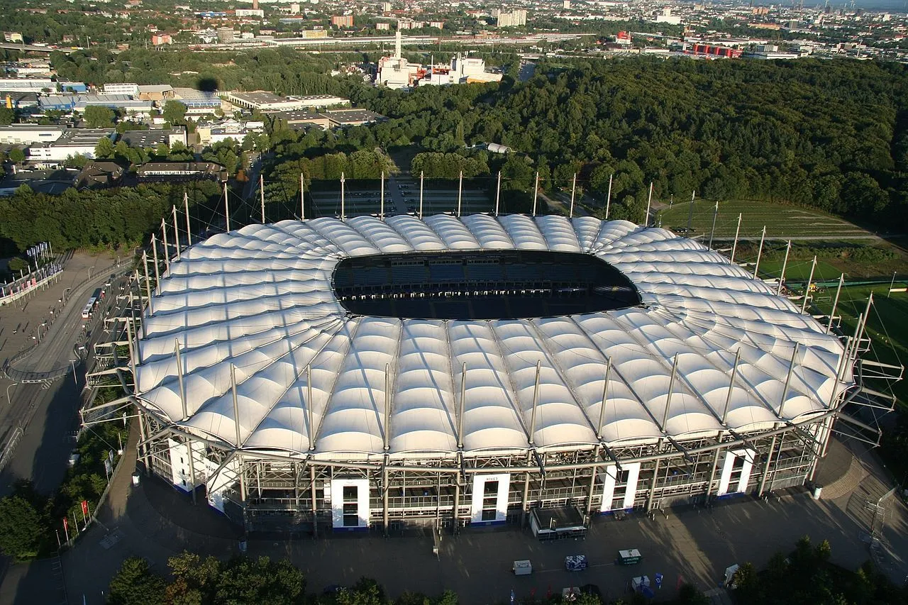 Volksparkstadion filled with fans during a Bundesliga evening match