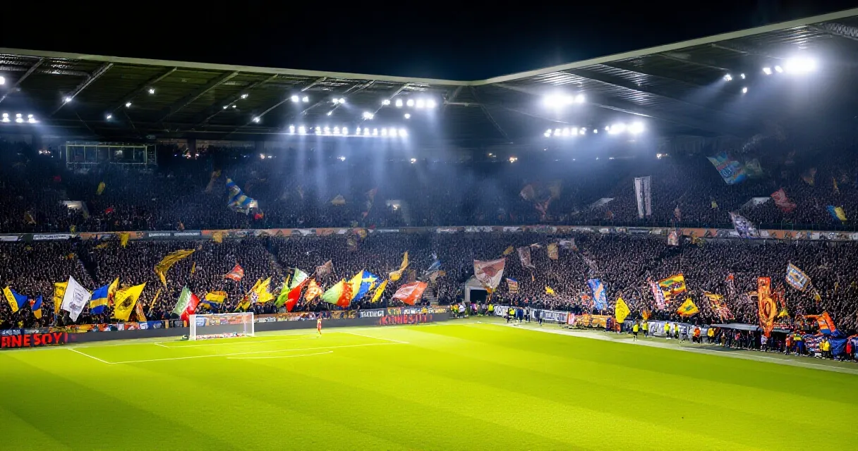Suasana stadion Liga Premier yang penuh penonton di bawah lampu sorot malam hari