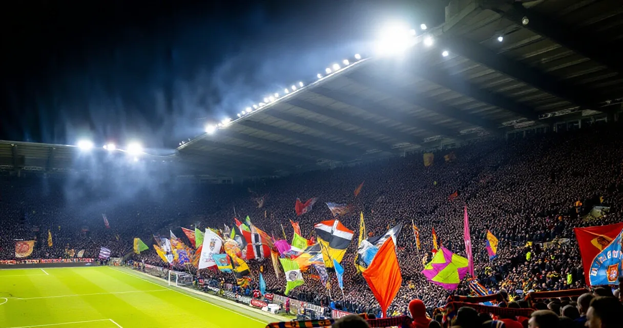 Voetballers vieren een doelpunt in een vol, verlicht stadion tijdens een avondwedstrijd