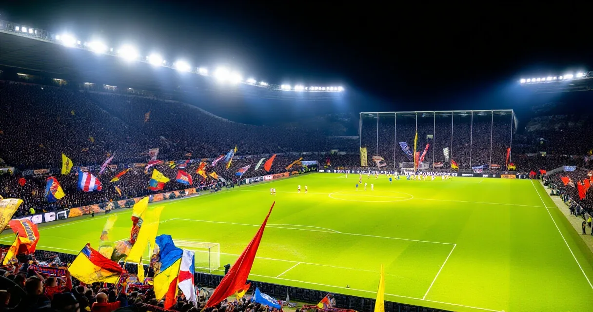 Bola de futebol de couro em campo de estádio ao entardecer