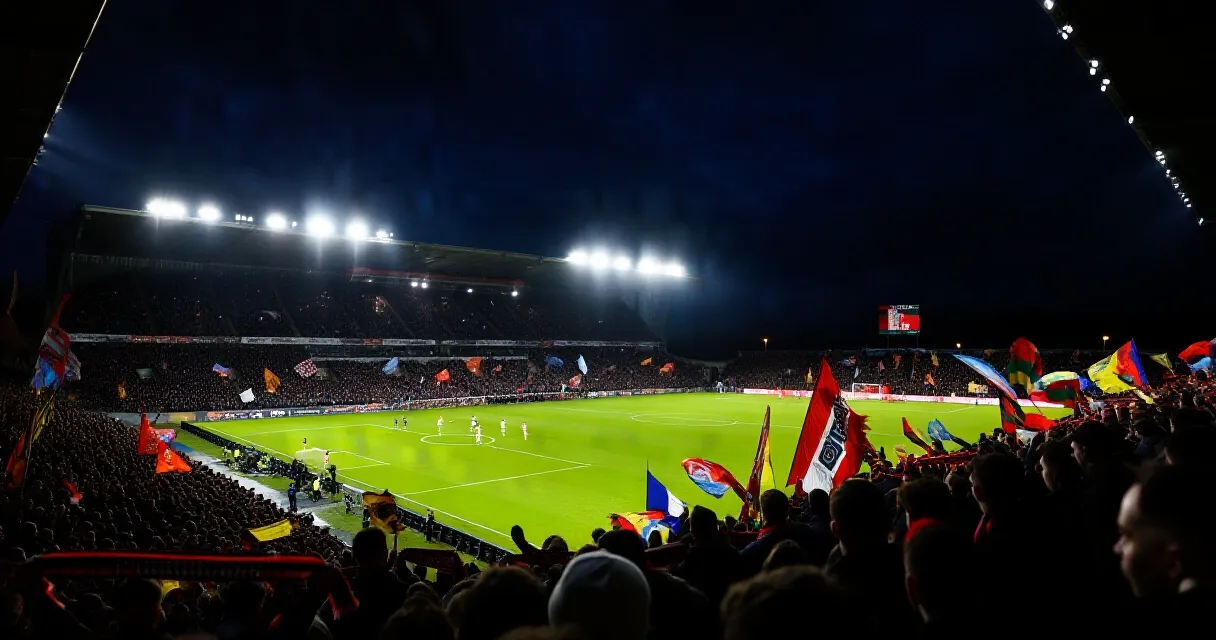 Ung fotbollsspelare skjuter mot mål under en kvällsmatch med publik i bakgrunden