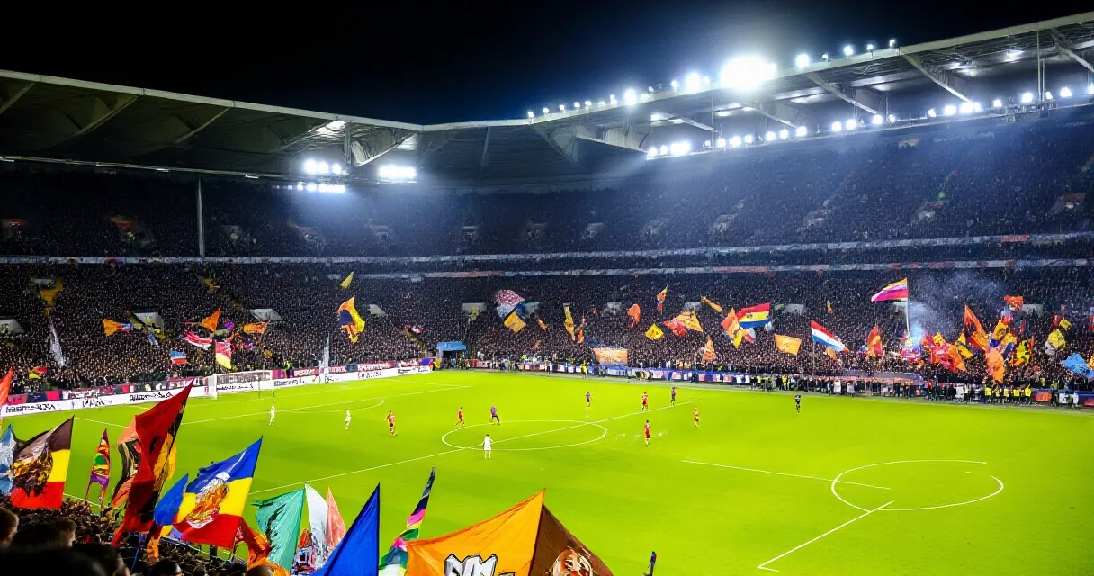 Feyenoord winger in red and white jersey dribbling on floodlit Eredivisie pitch with packed crowd