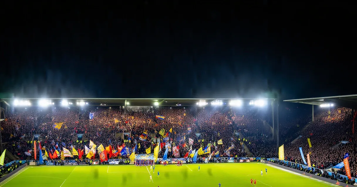 Football forward celebrating a goal in a packed floodlit stadium