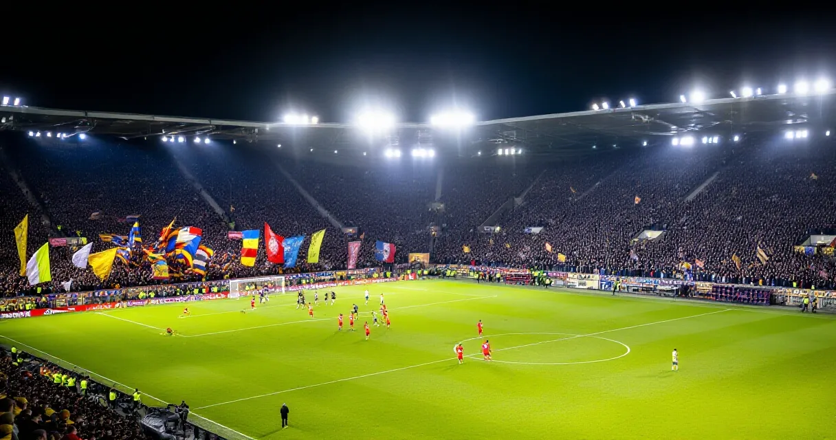 Erfahrener Fußball-Verteidiger blickt reflektierend auf ein beleuchtetes Stadion