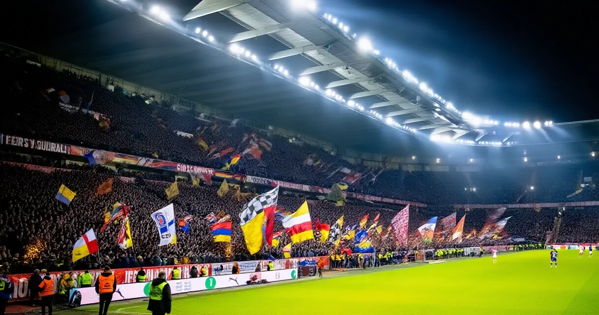 Stadio italiano gremito di tifosi sotto le luci serali prima di una partita di Serie A
