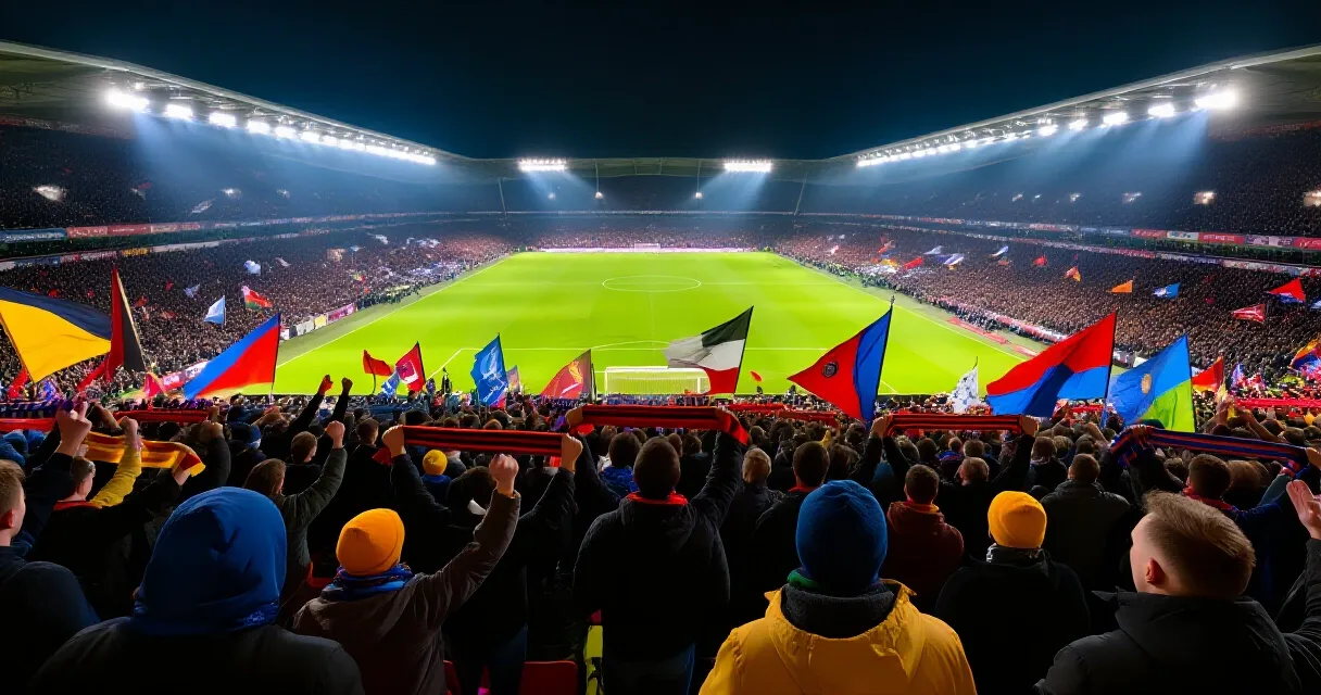 Footballer celebrating a goal in front of a packed, floodlit stadium crowd