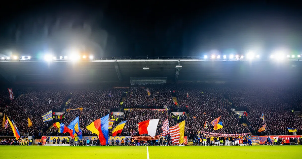 Floodlit Premier League stadium packed with fans during a night match