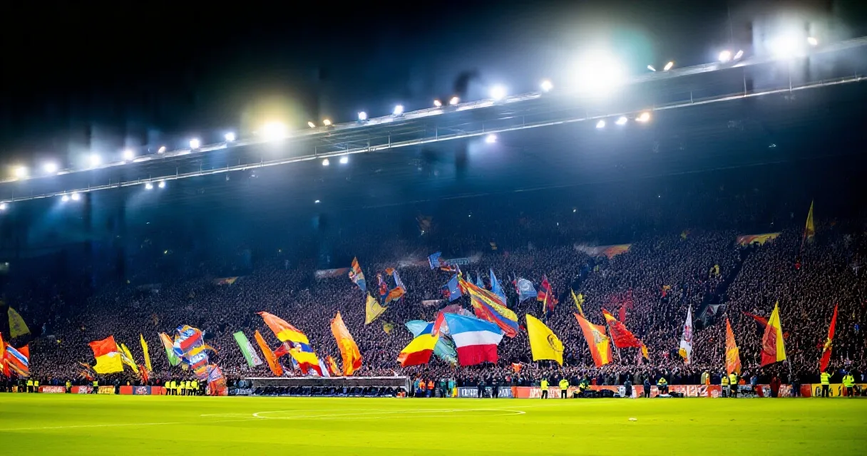 Estadio de f&uacute;tbol europeo repleto de aficionados bajo luces nocturnas durante un partido