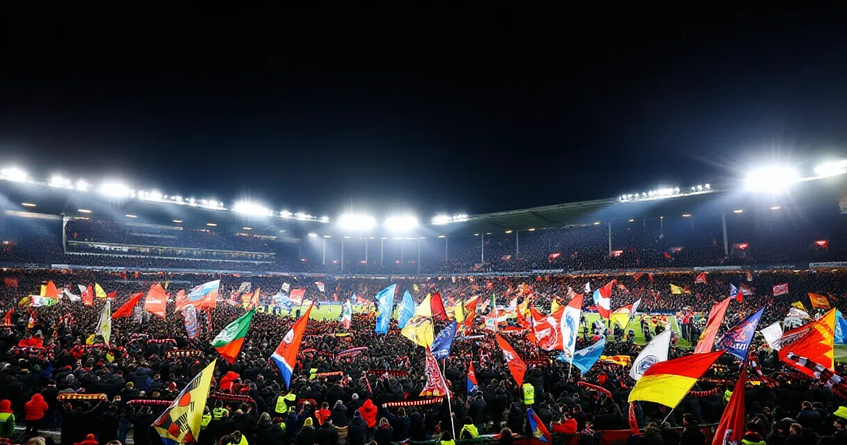 Fans standing in tribute at a packed football stadium under floodlights