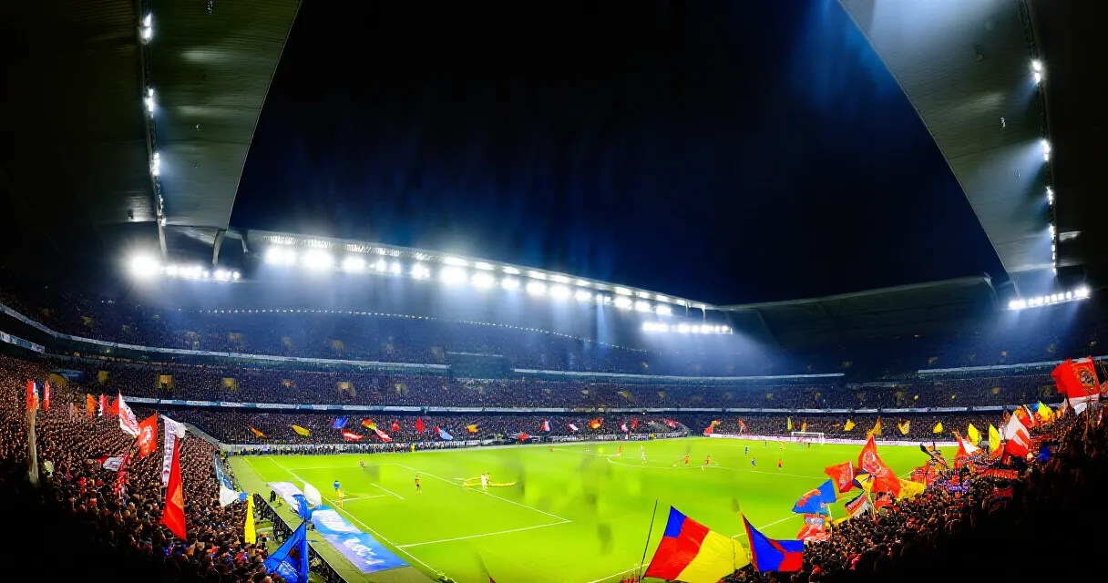 Bir forma giyen futbolcu gol sevinci yaşıyor, dolu trib&uuml;nler arka planda