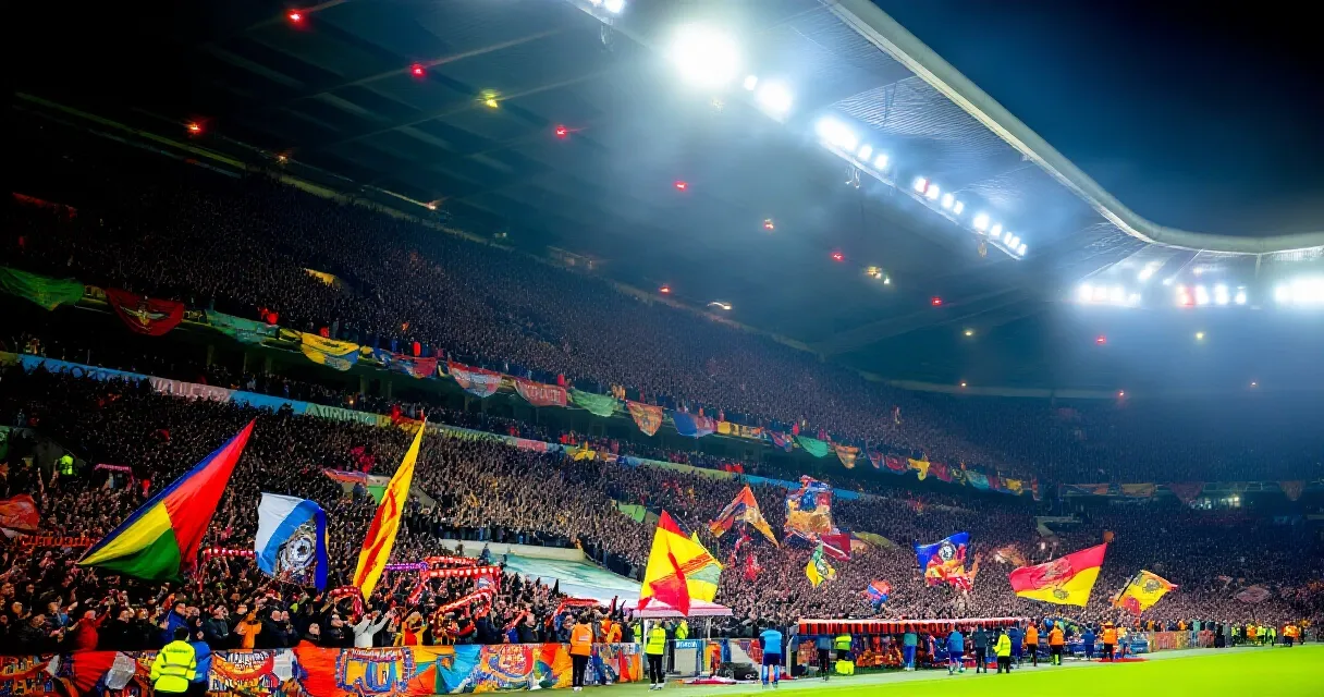 Footballer celebrating a goal in a packed floodlit stadium