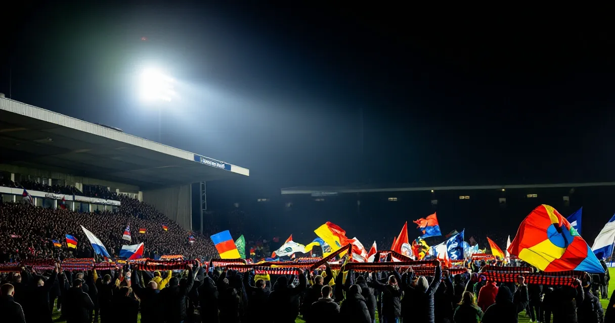 Packed stadium under floodlights during an exciting football match