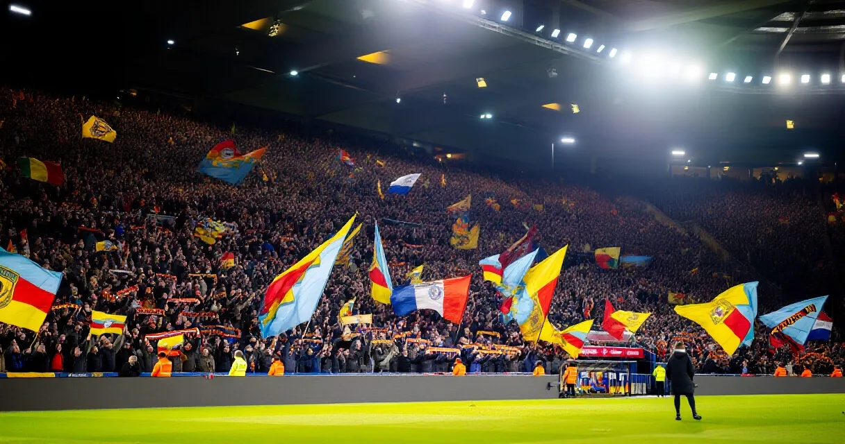 Floodlit football stadium packed with fans during a night match