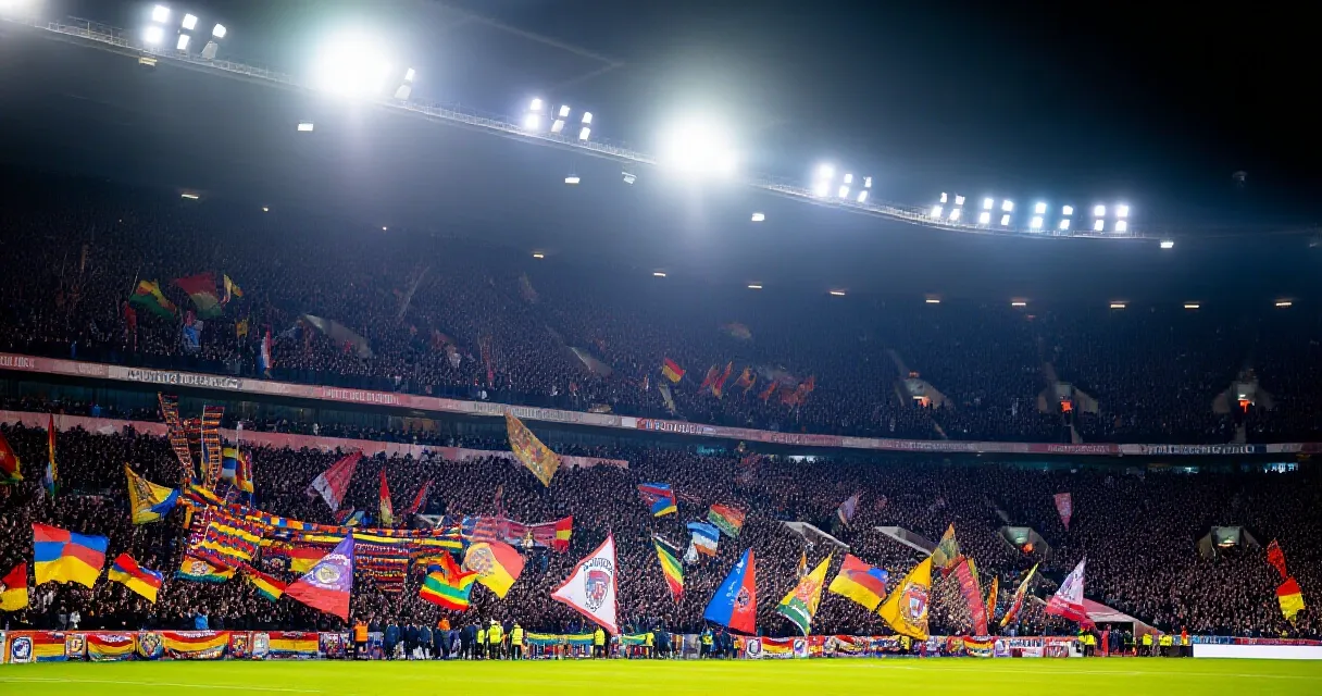 Champions League night match at a packed modern stadium under floodlights