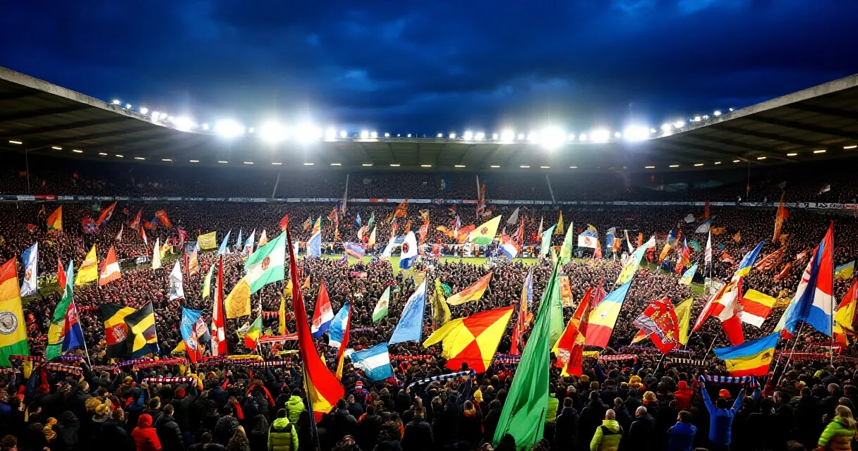 Vollbesetztes Bundesliga-Stadion bei Flutlicht mit jubelnden Fans
