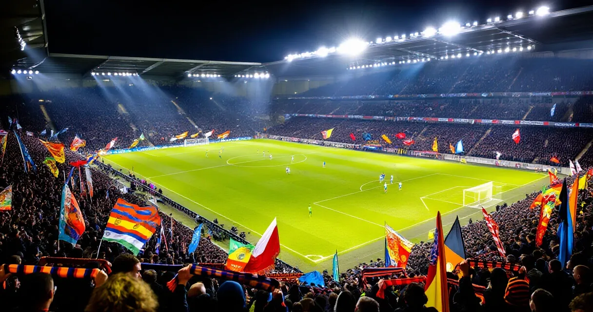 Calciatore del Borussia Dortmund in azione in uno stadio illuminato