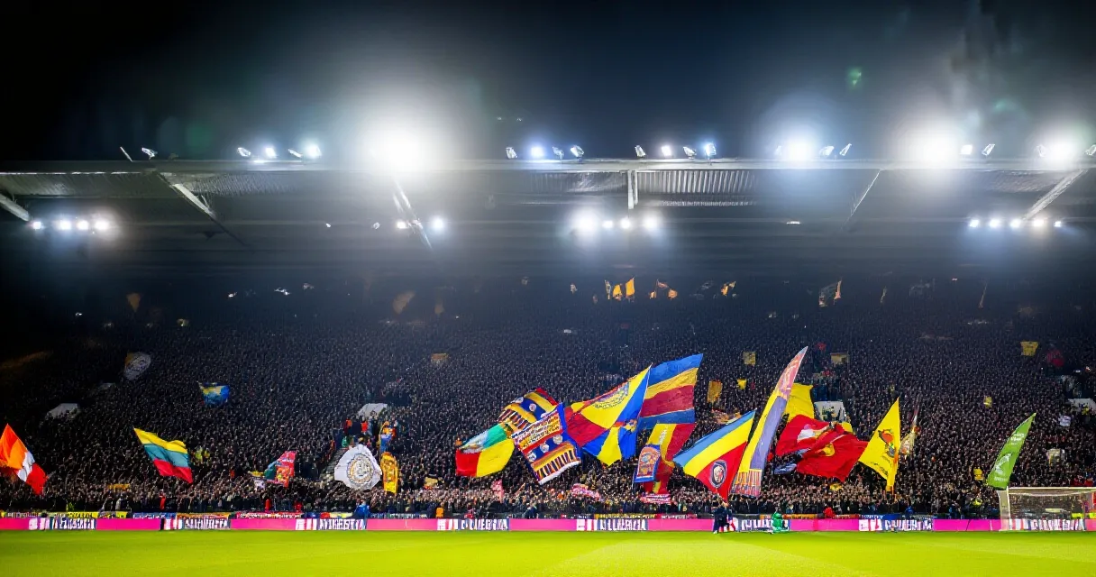 Winger sprinting with the ball under floodlights in a packed stadium